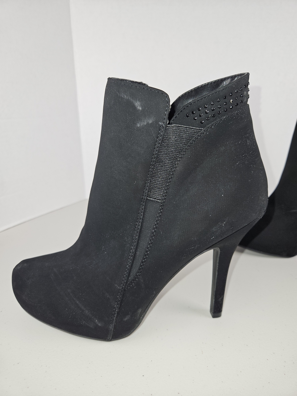 Black Suede High-Heel Ankle Booties with Studded Collar 9 1/2 M - Picture 9 of 16